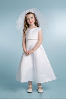 White Cap Sleeve Flower Girl Dress with Embellished Waistband